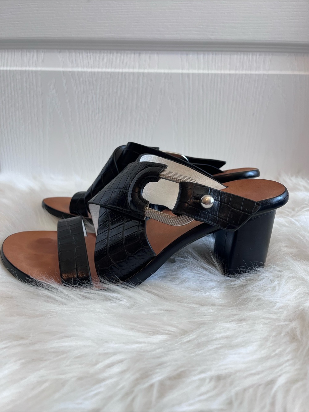 Rag & Bone August Mule Black Croc-Embossed Leather Block Heel Sandals Size 36.5